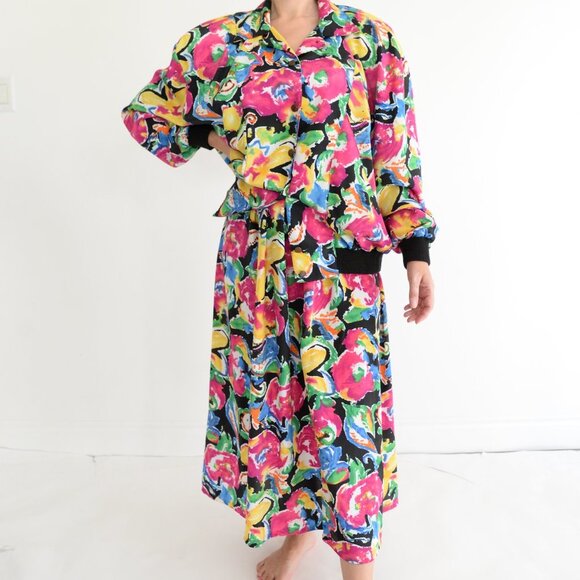 Jackets & Blazers - Vintage Levil Pink Blue & Yellow Floral Blouse Blazer & Skirt Two Piece Set 14